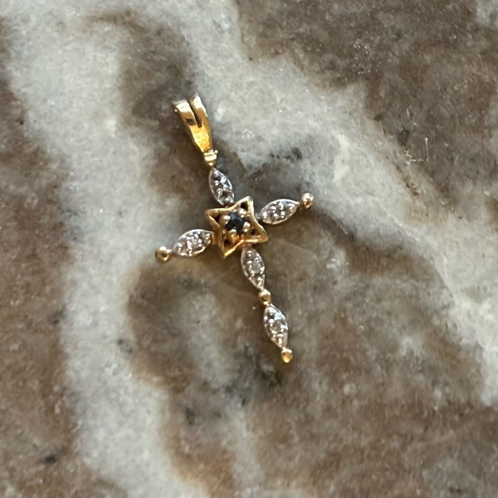 Gold and Silver cross blue Sapphire Pendant